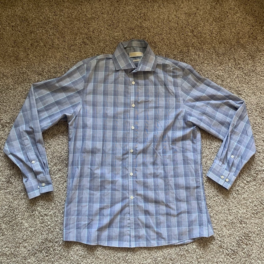 Michael Kors Button Up Shirt Mens 16 34/35 Large Blue Plaid Long Sleeve